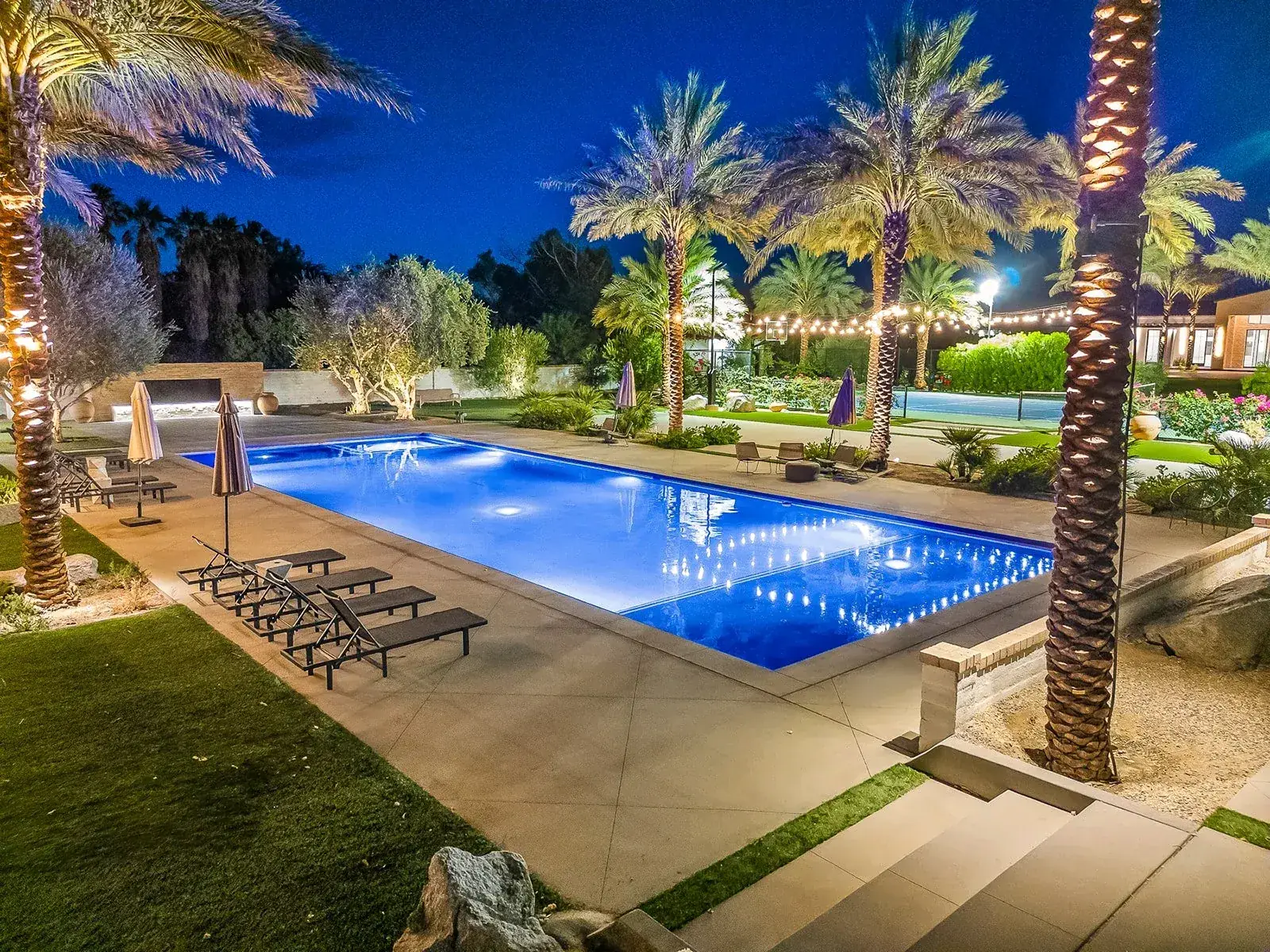 The pool terrace from above at dusk