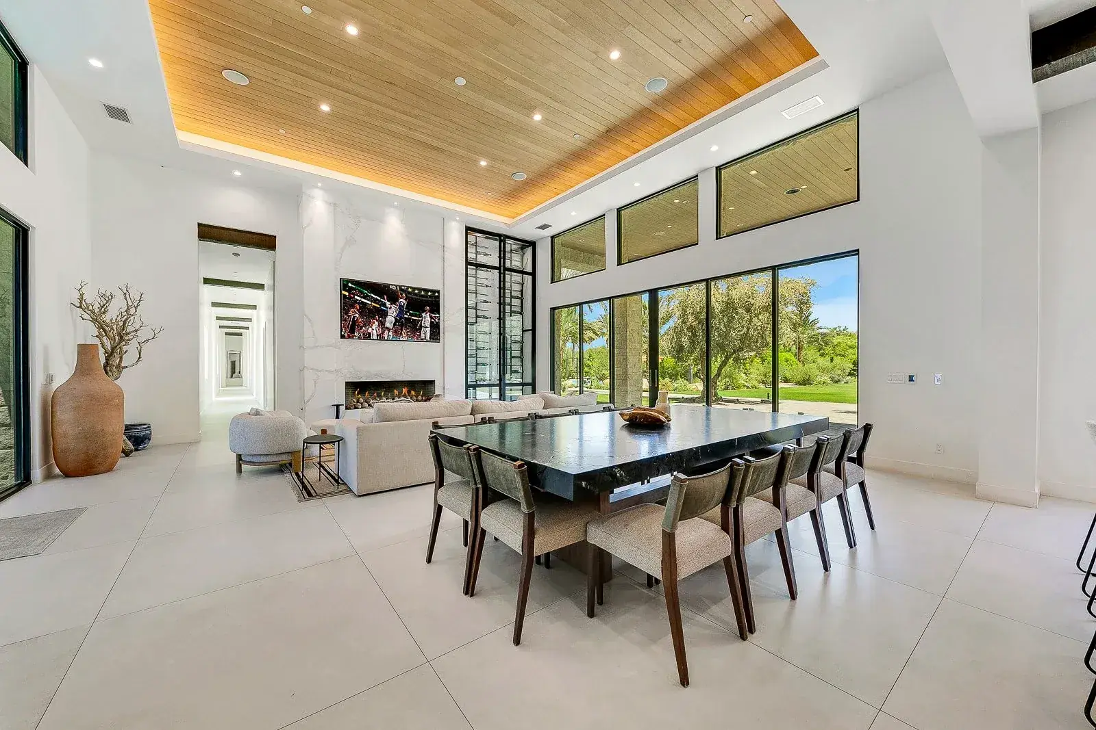 Formal dining hall beneath a timber ceiling