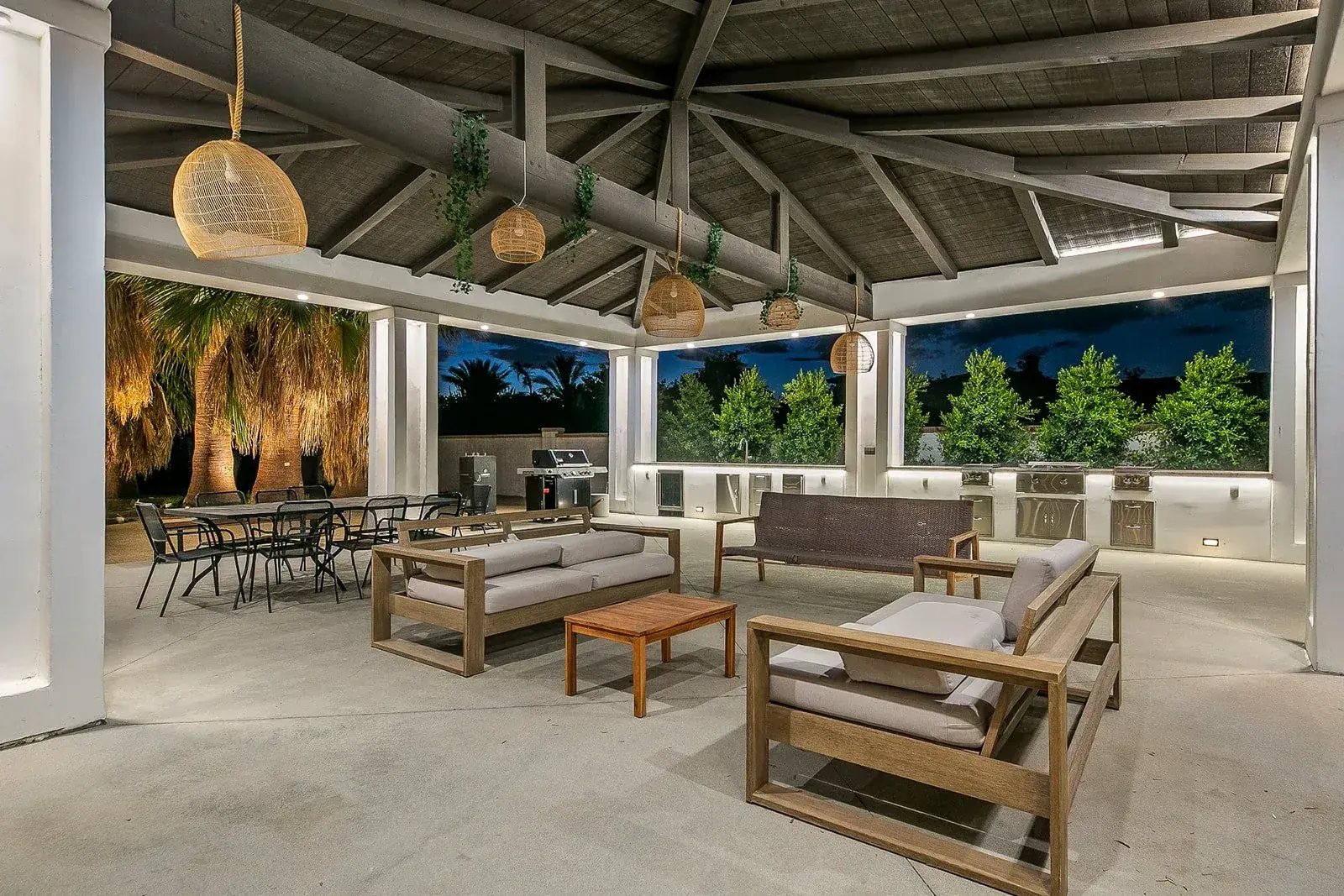 Open-air pavilion lounge with grill bar