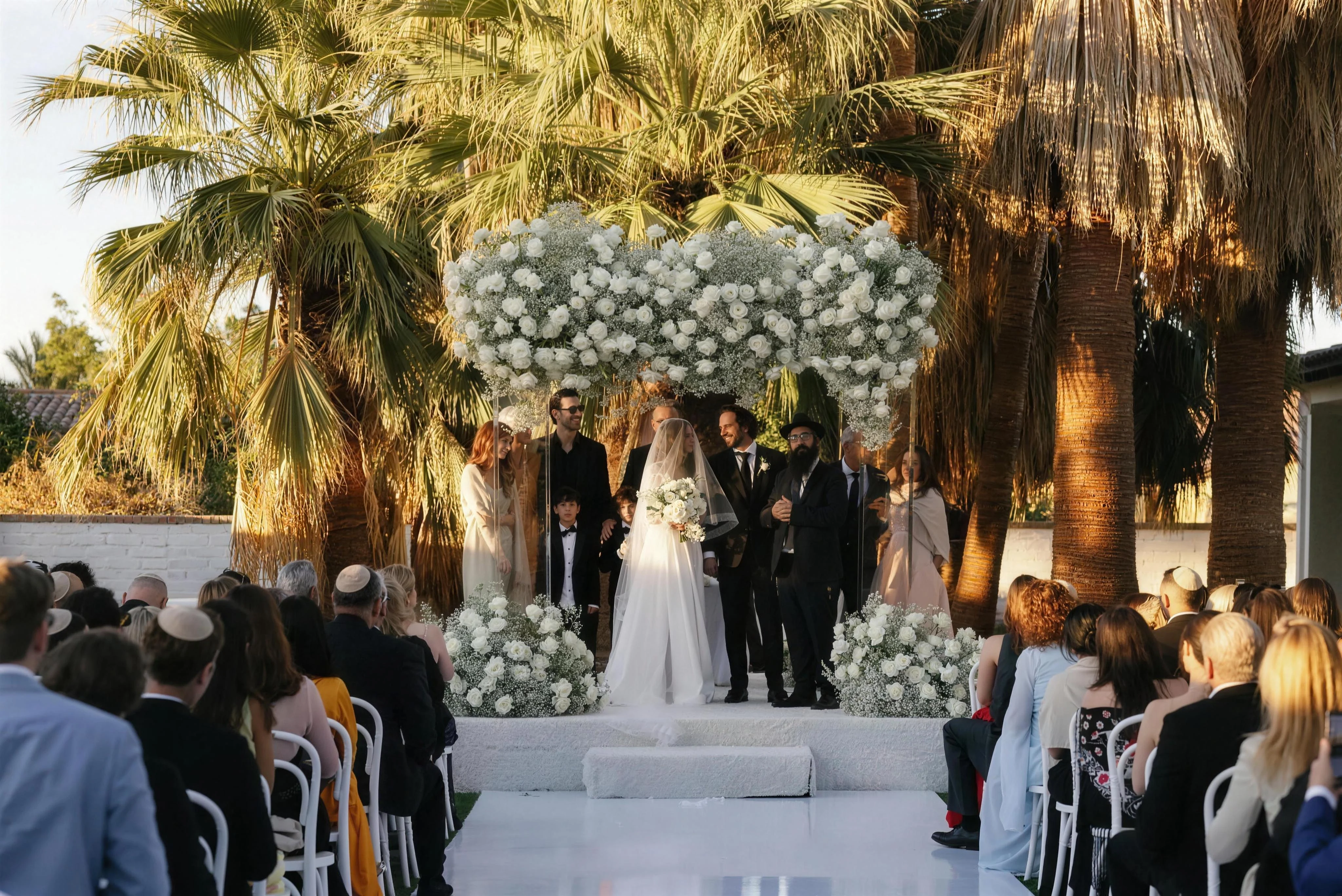 Wedding ceremony beneath a white floral chuppah on the estate lawn
