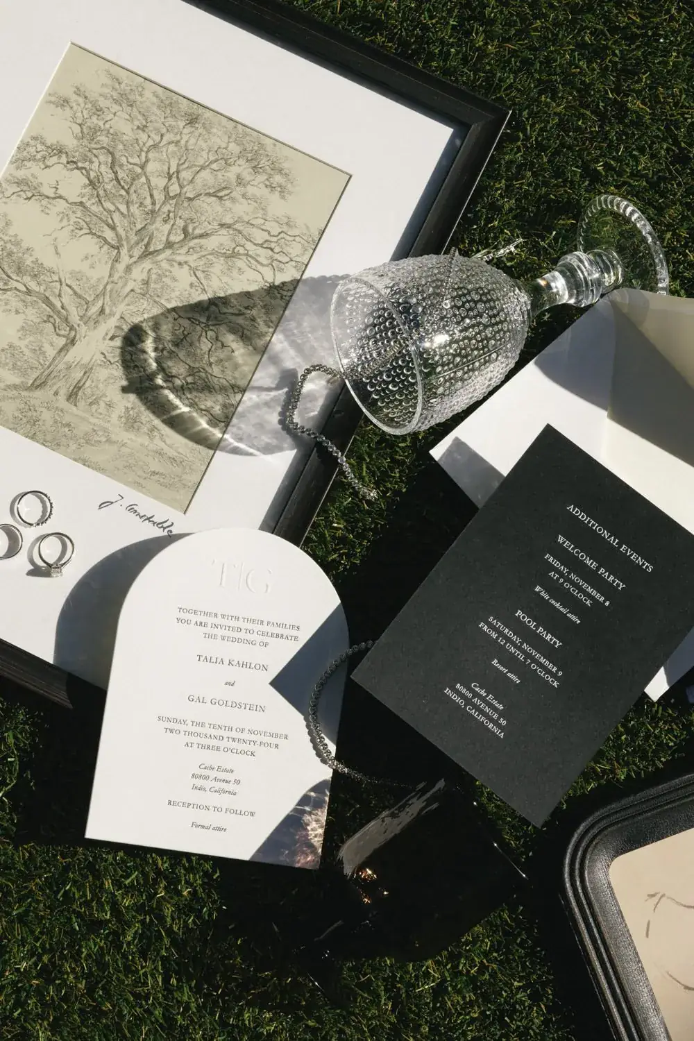 Black and white invitation suite with crystal